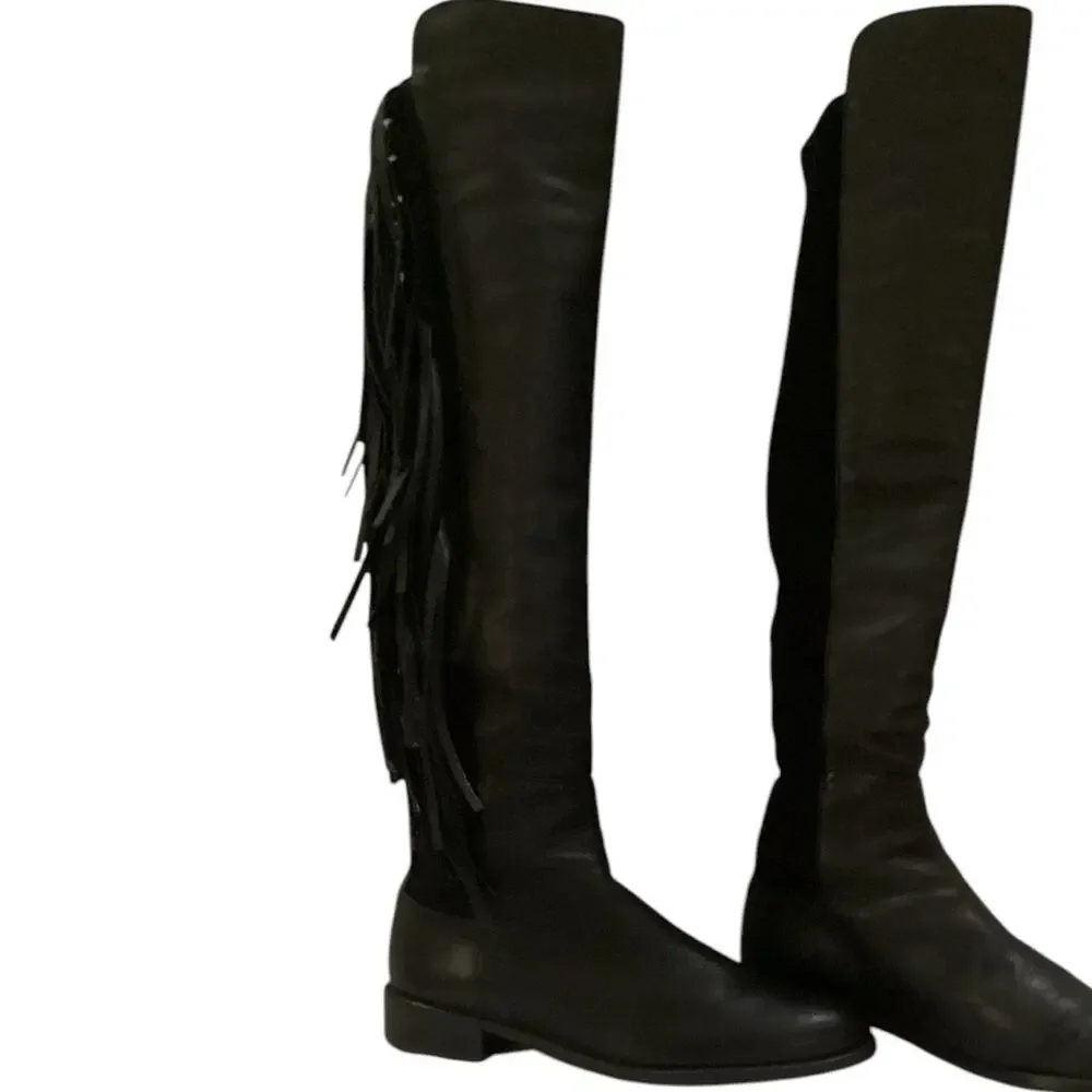 Stuart Weitzman 5050 Fringe Over The‎ Knee Boot Black Nappa Leather Size 7